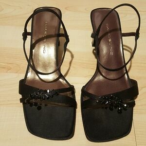 Bandolino Black Satin Jewel Heels 6
